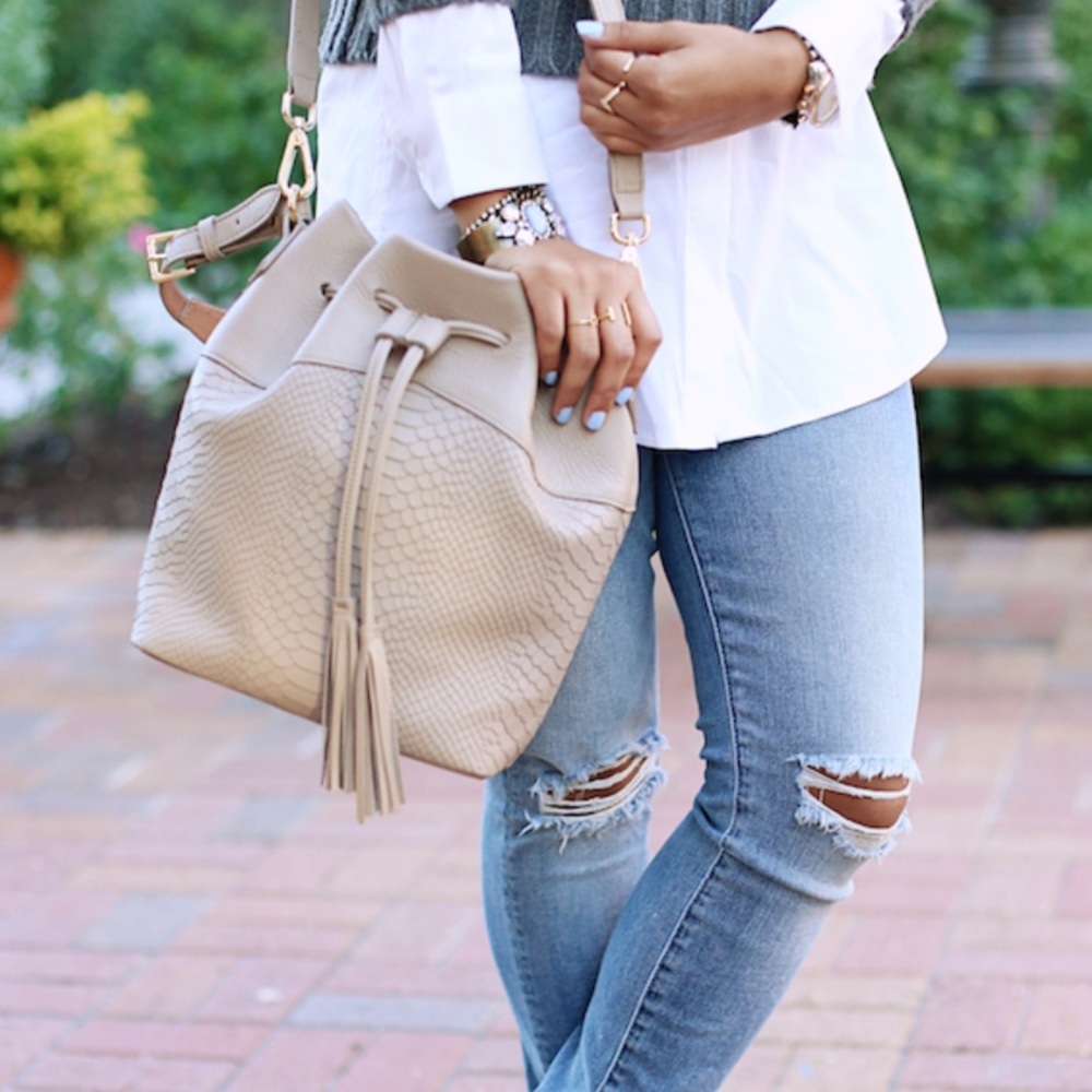 Gigi New York Jenn Beige Bucket Bag with Tassel